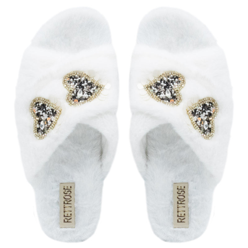 The Katie Cream Luxury Plush Diamanté Heart Embellished Handmade Slipper | RETTROSE |