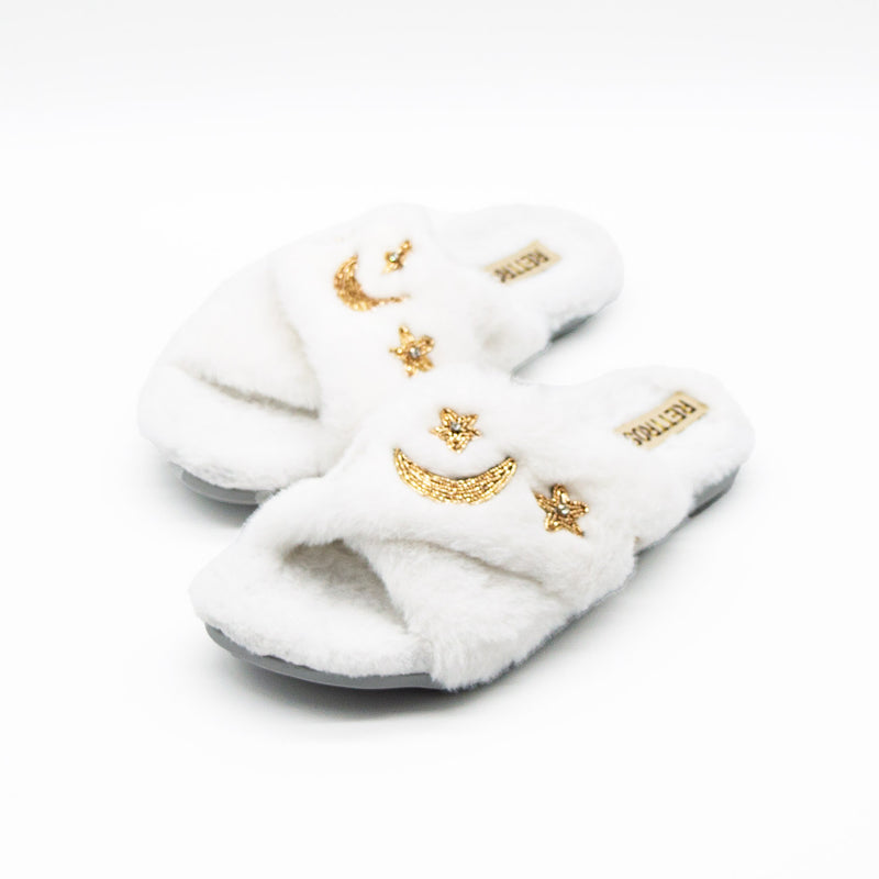 The Isabel Cream Luxury Plush Diamanté Embellished Handmade Slipper