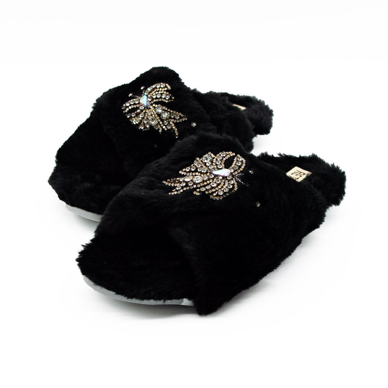 The Katherine Black Luxury Plush Diamanté Embellished Handmade Slipper