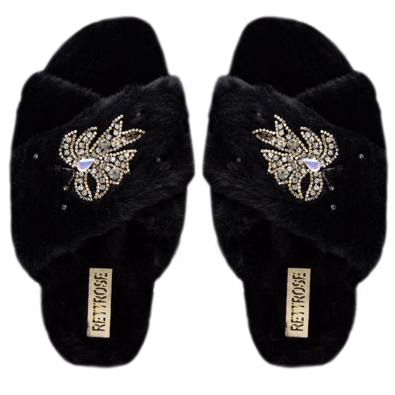 The Katherine Black Luxury Plush Diamanté Embellished Handmade Slipper