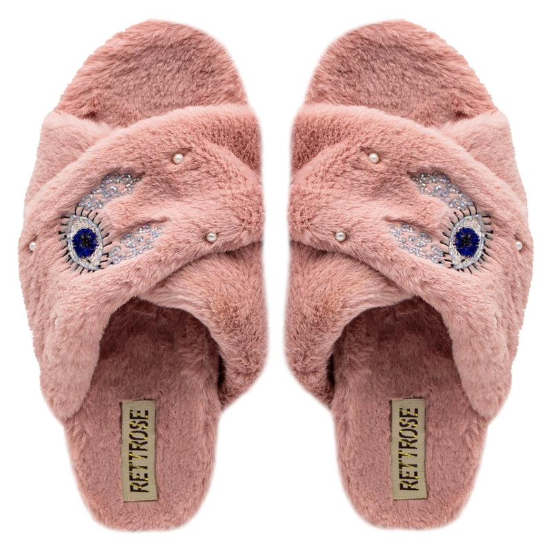 The Amaya Nude Luxury Plush Diamanté Embellished Handmade Slipper | RETTROSE |