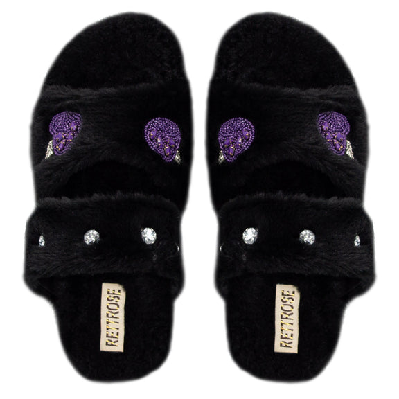 The Ada Black Luxury Plush Diamanté Embellished Handmade Slipper | RETTROSE |