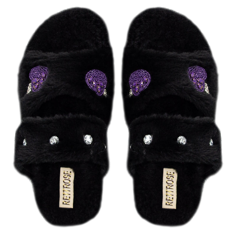 The Ada Black Luxury Plush Diamanté Embellished Handmade Slipper | RETTROSE |