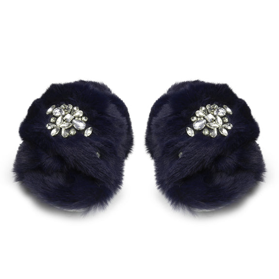 The Audrey Navy Luxury Plush Diamanté Embellished Handmade Slipper | RETTROSE |