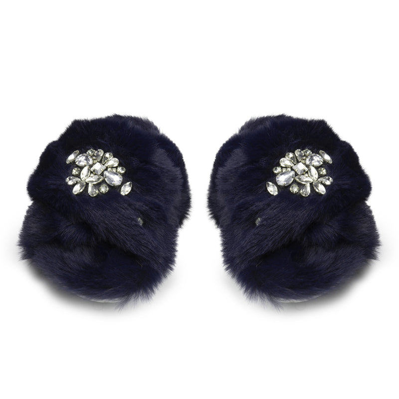 The Audrey Navy Luxury Plush Diamanté Embellished Handmade Slipper | RETTROSE |