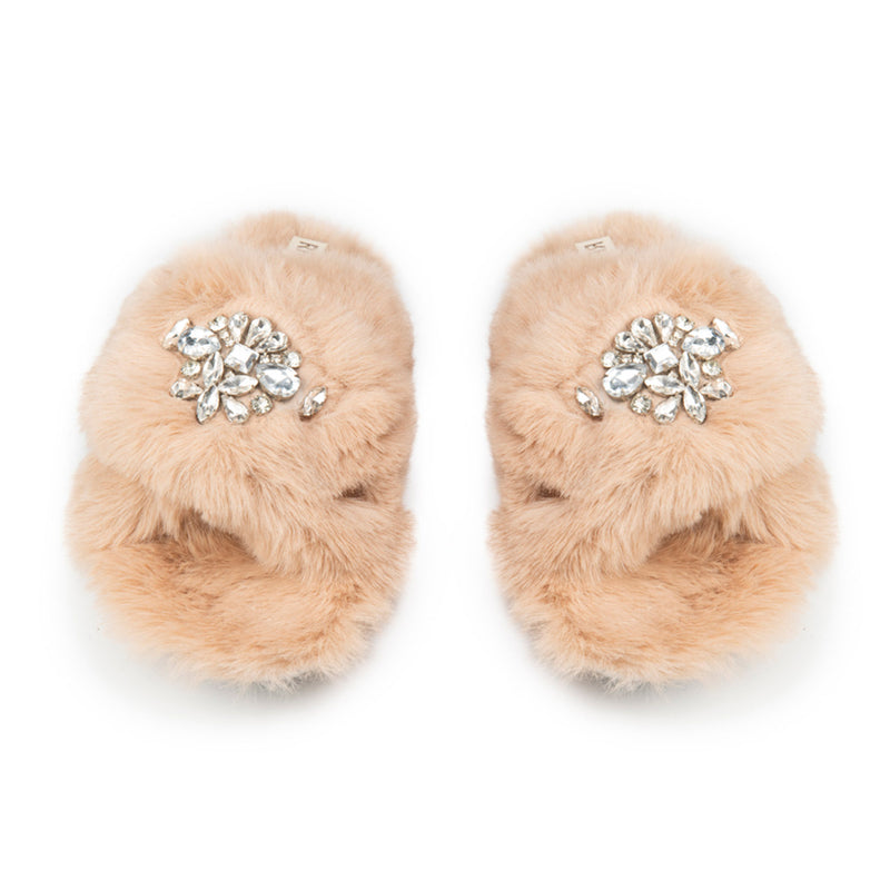 The Audrey Mink Luxury Plush Diamanté Embellished Handmade Slipper | RETTROSE |