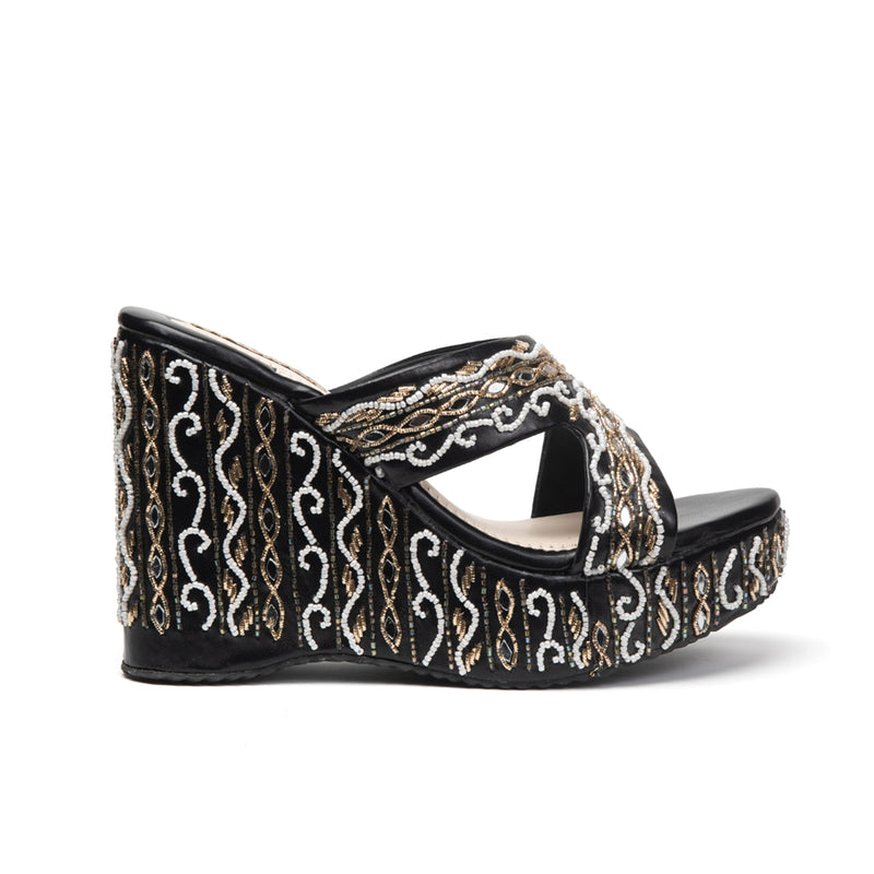 Ruth Black Luxury Handmade Women’s Wedge Heels – Beaded, Comfortable, 8.5cm Synthetic Wedge by RETTROSE