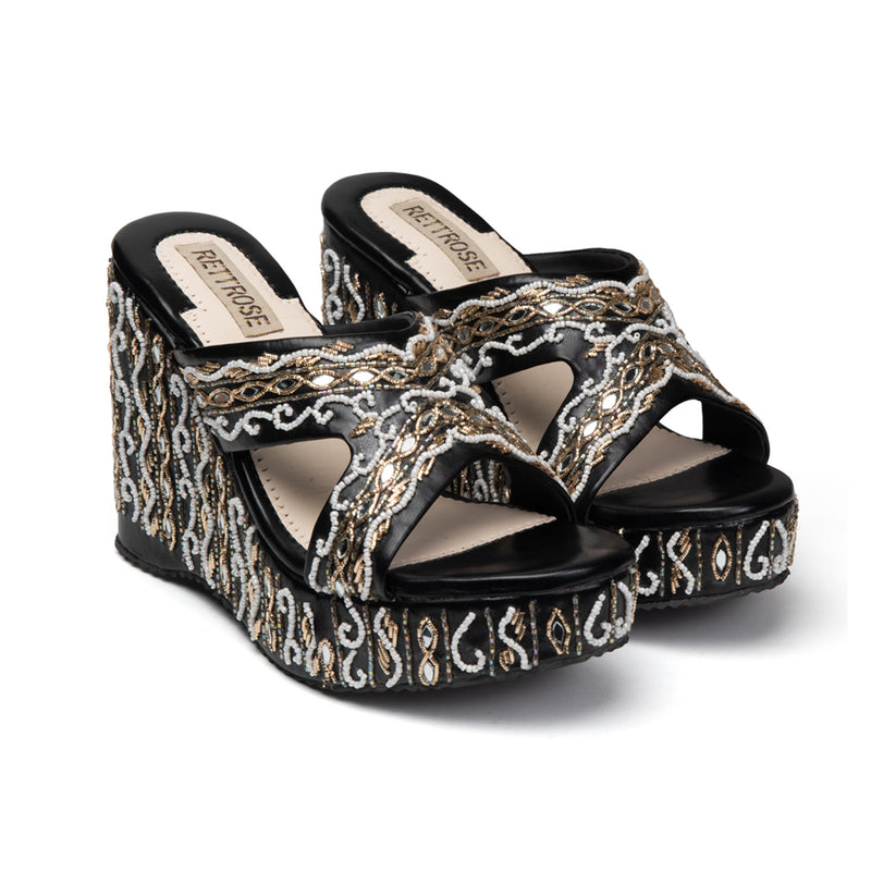 Ruth Black Luxury Handmade Women’s Wedge Heels – Beaded, Comfortable, 8.5cm Synthetic Wedge by RETTROSE