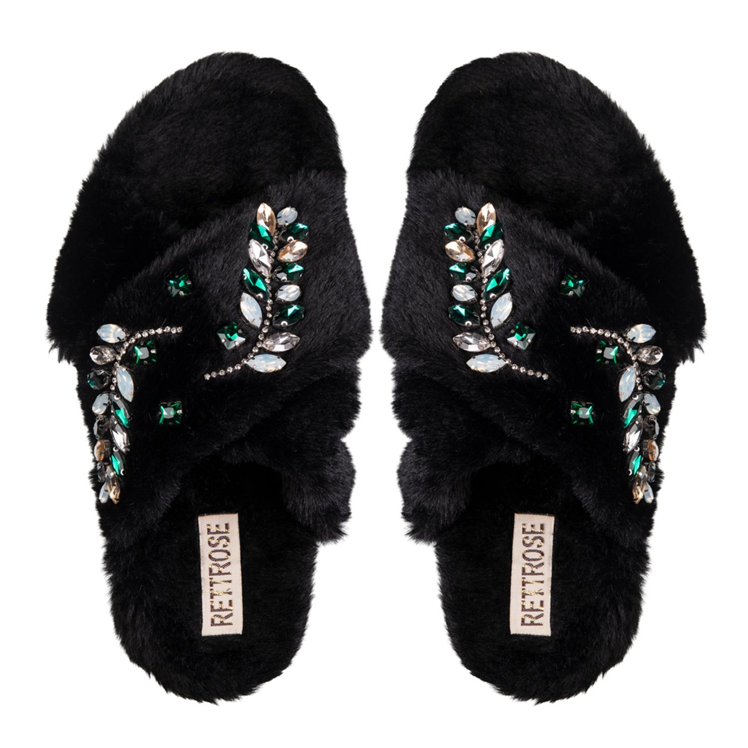 Thea Black Luxury Faux Fur Comfortable Diamanté Embellished Women’s Handmade Slippers