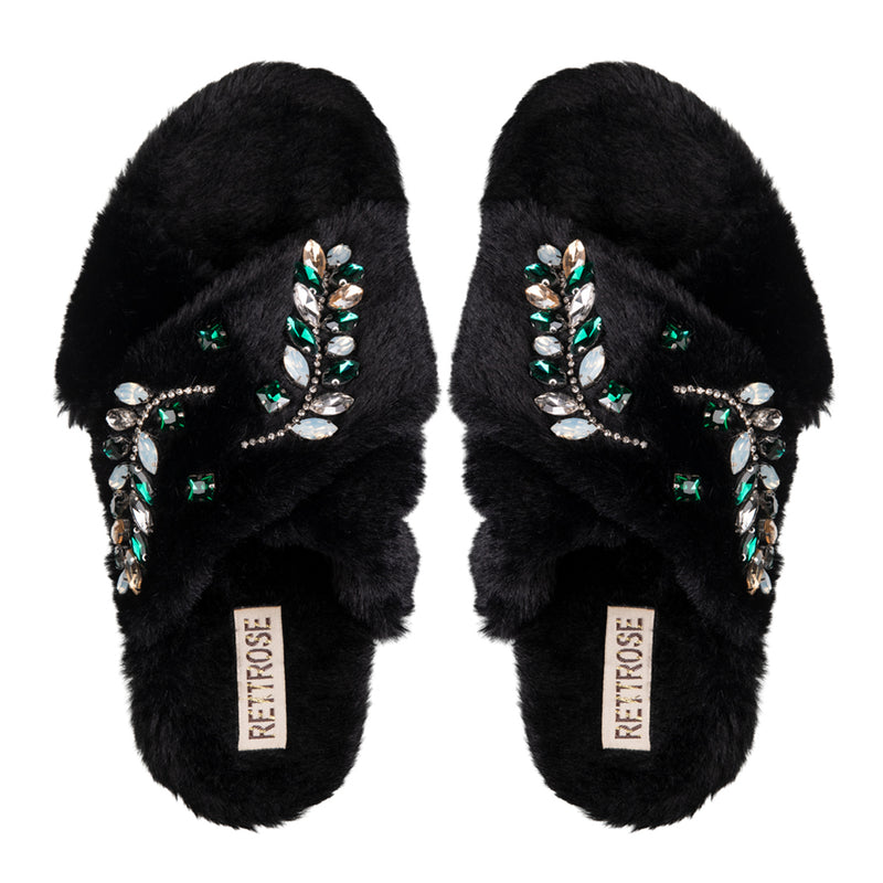 Thea Black Luxury Faux Fur Comfortable Diamanté Embellished Women’s Handmade Slippers