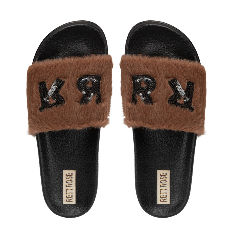 The Truvi Chocolate Luxury Plush Diamanté Embellished Handmade Sliders | RETTROSE |