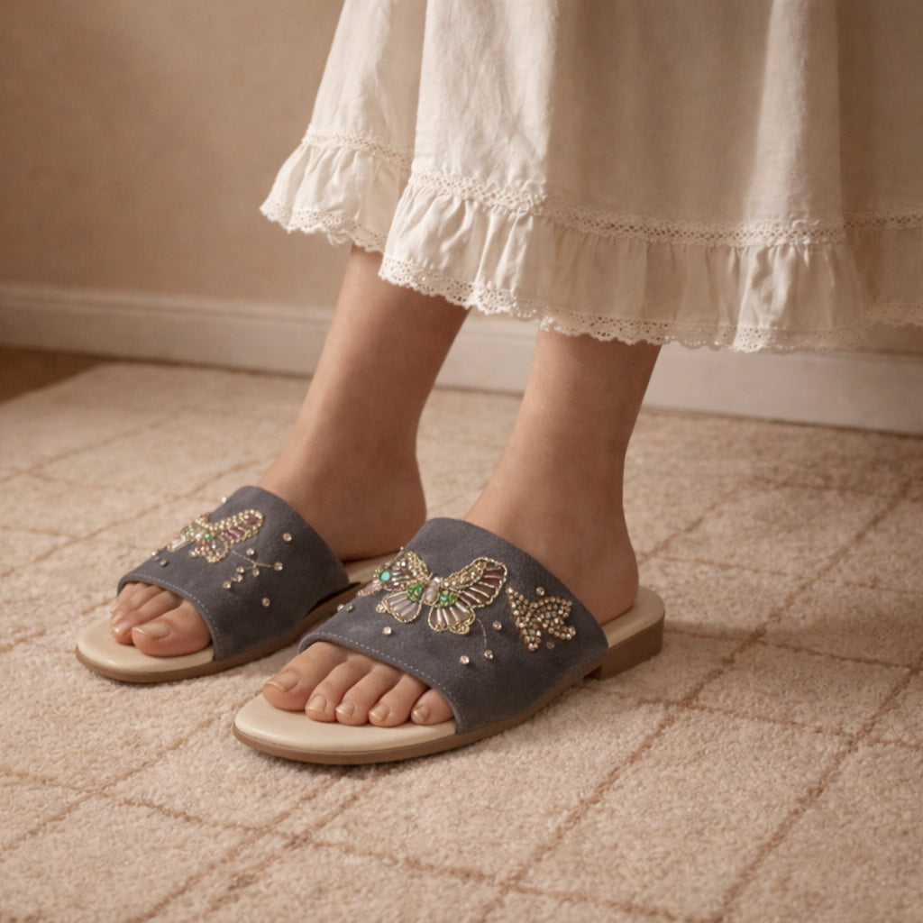 Saylor Women’s Luxury Sliders – Brown & Beige Handmade Comfortable Slippers with Diamanté Appliqué | Elegant Footwear