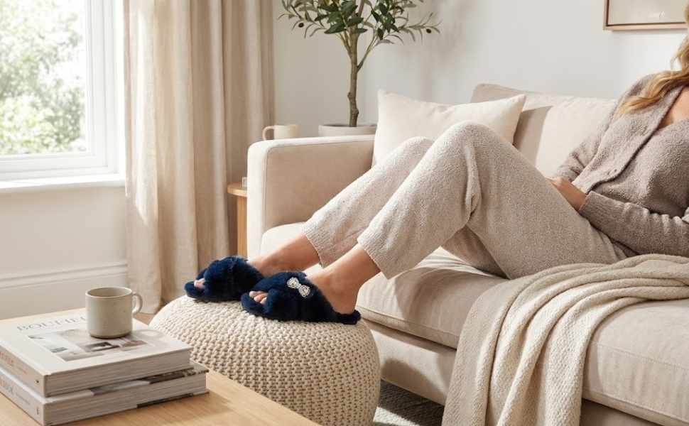 Fefe Navy Luxury Plush Diamanté Embellished Handmade Slipper