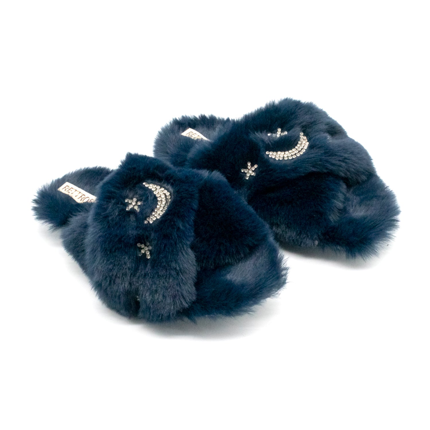 Isabel Navy Plush Handmade Slipper with Diamanté Moon & Star Embellishment