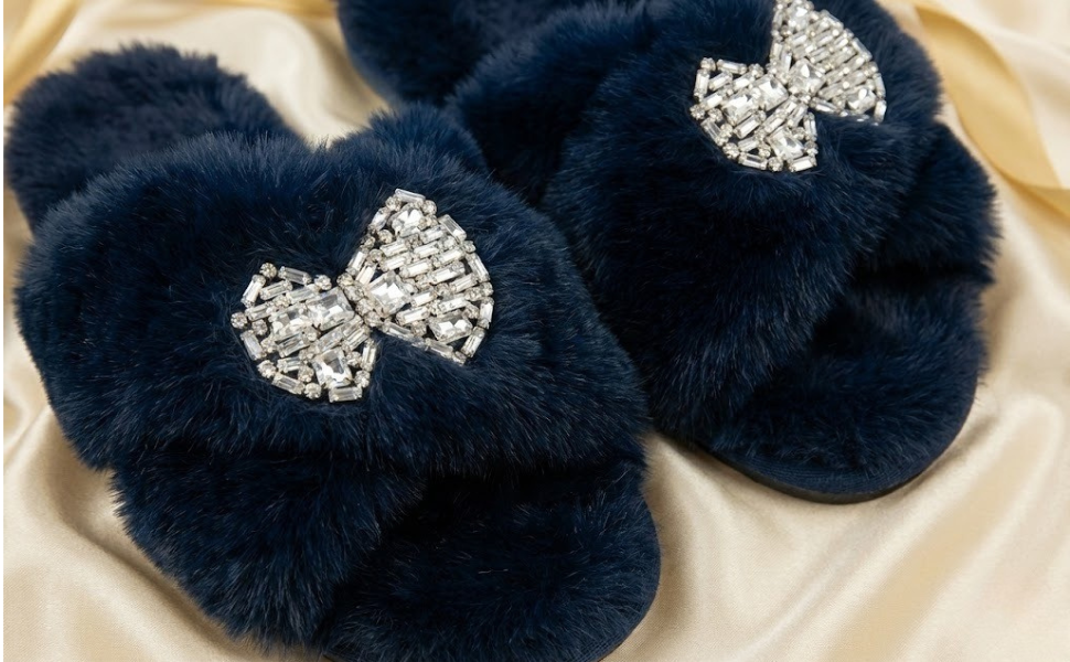 Fefe Navy Luxury Plush Diamanté Embellished Handmade Slipper
