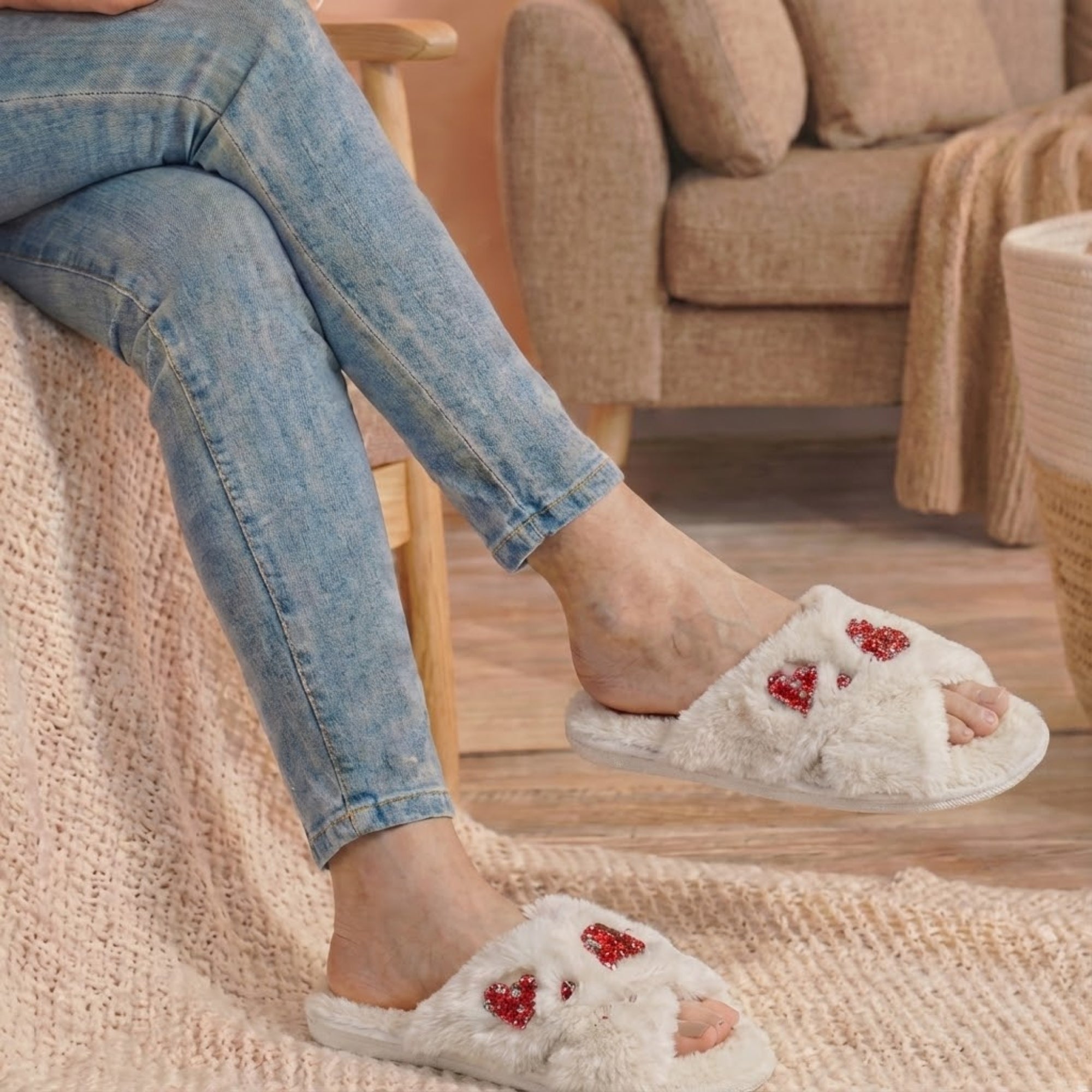 Kaylee Cream Luxury Plush Diamanté Embellished Handmade Slipper