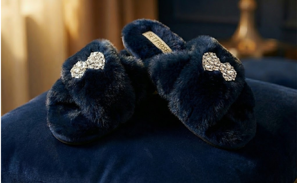 Fefe Navy Luxury Plush Diamanté Embellished Handmade Slipper