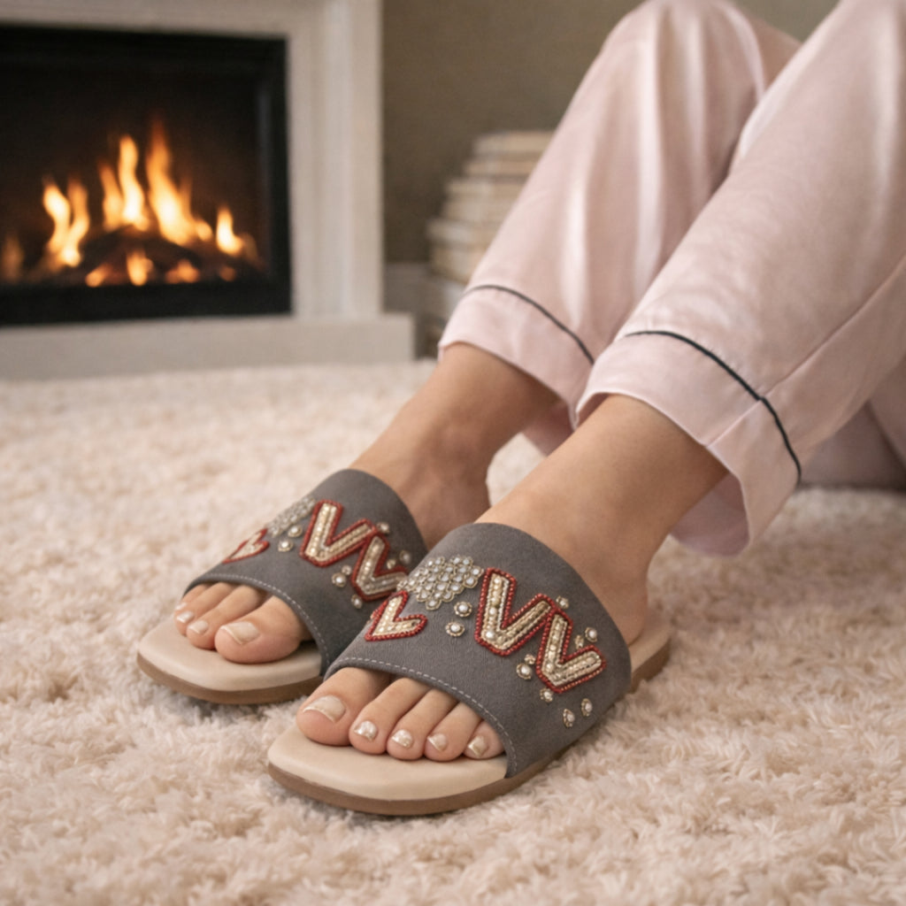 Harmony Grey Luxury Plush  Leather Sliders for Women – Handmade Brown & Beige Diamanté Embellished Slippers – Plush Embellished Slip-On Footwear  Embellished Handmade Sliders