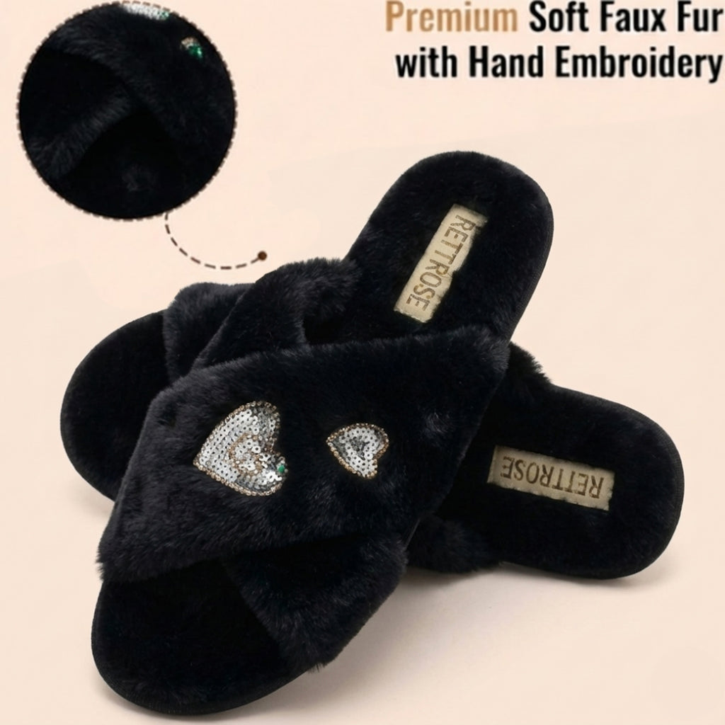 Emmy Black Luxury Plush Diamanté Embellished Handmade Slipper