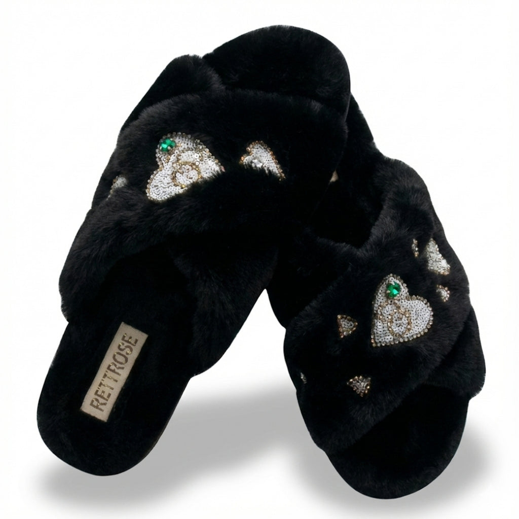 Emmy Black Luxury Plush Diamanté Embellished Handmade Slipper