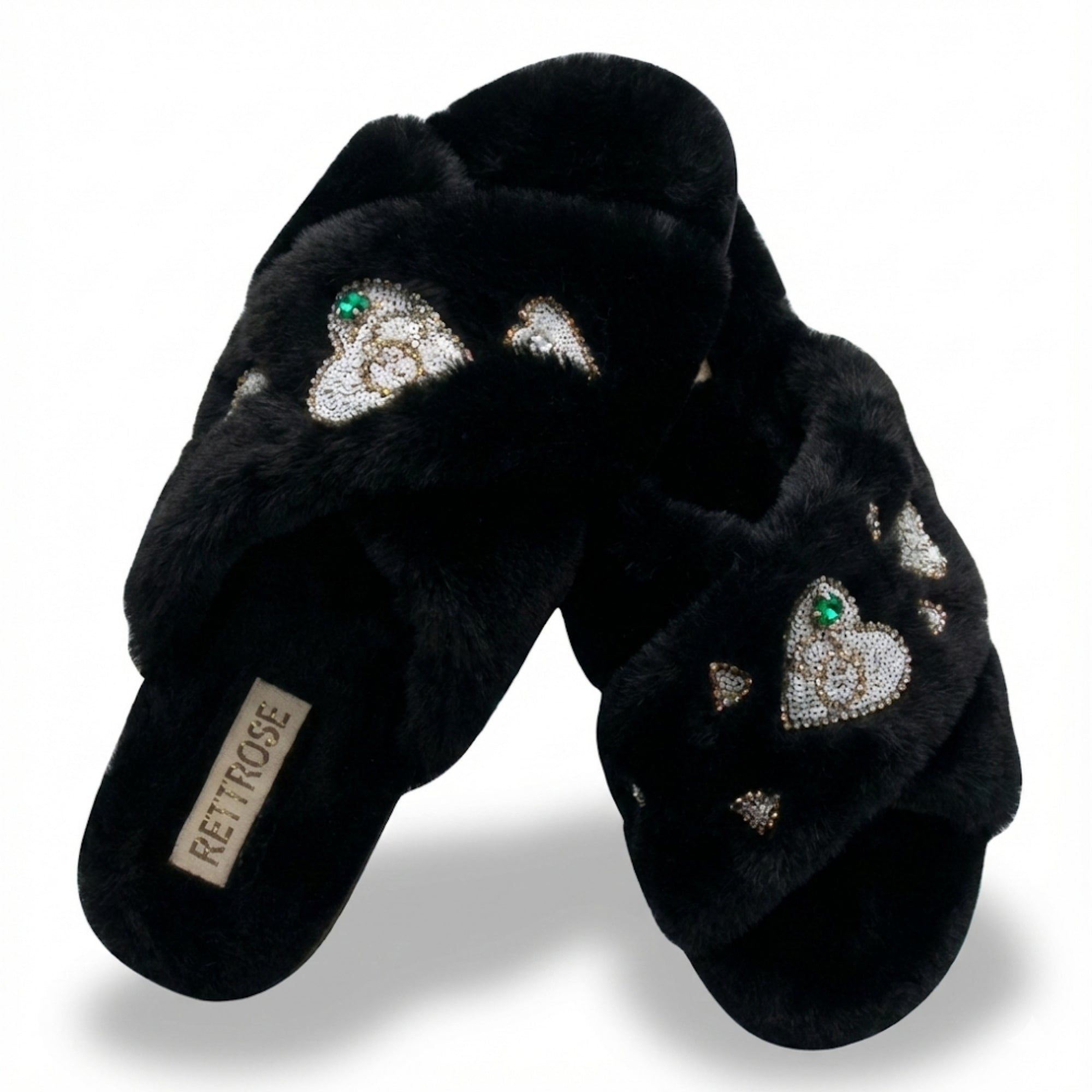 Emmy Black Luxury Plush Diamanté Embellished Handmade Slipper