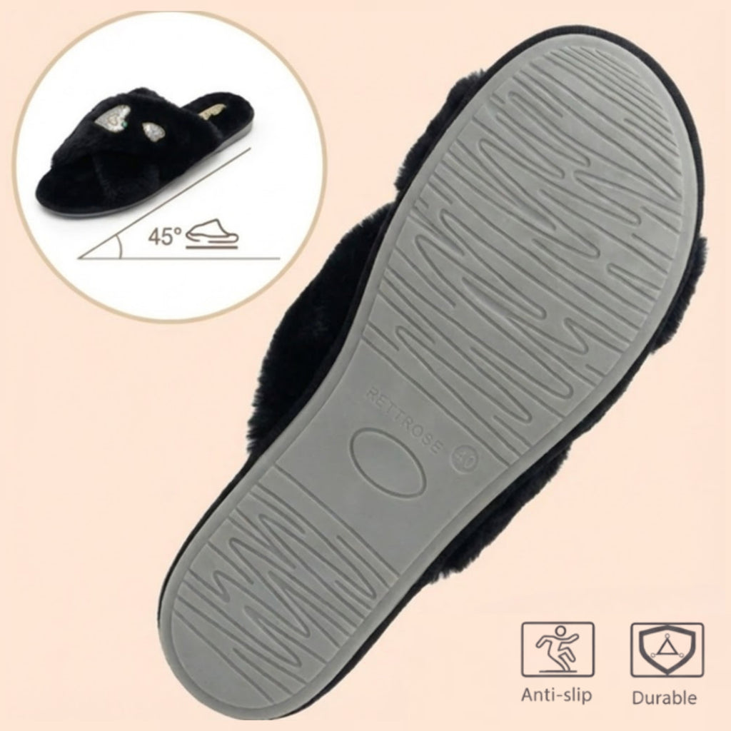 Emmy Black Luxury Plush Diamanté Embellished Handmade Slipper