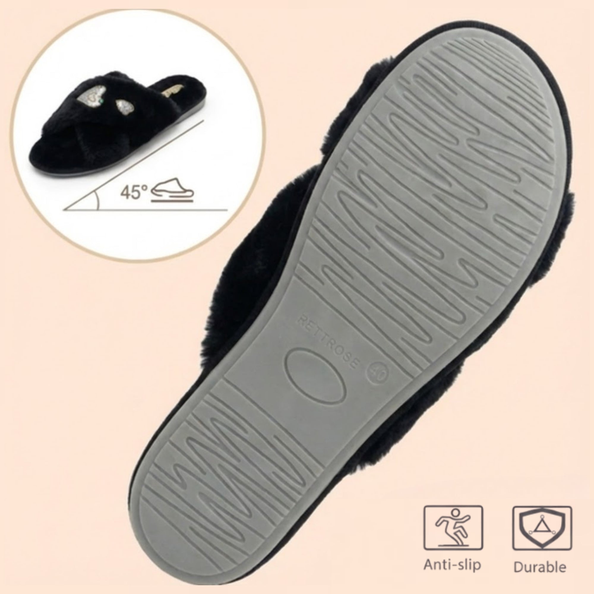 Emmy Black Luxury Plush Diamanté Embellished Handmade Slipper