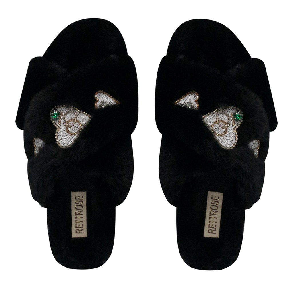 Emmy Black Luxury Plush Diamanté Embellished Handmade Slipper