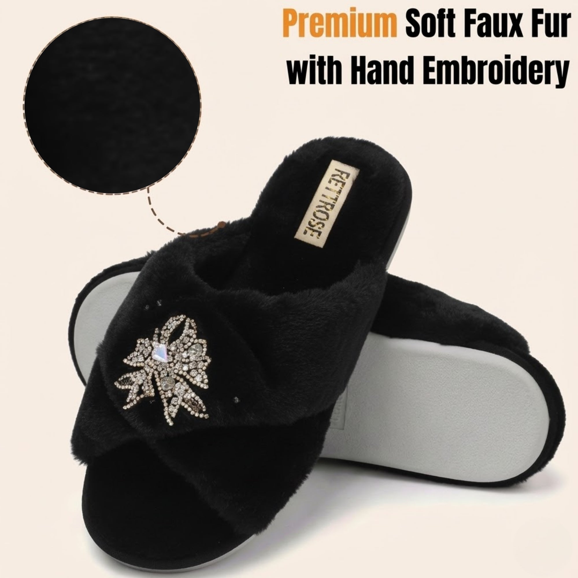 Katherine Black Luxury Plush Diamanté Embellished Handmade Slipper