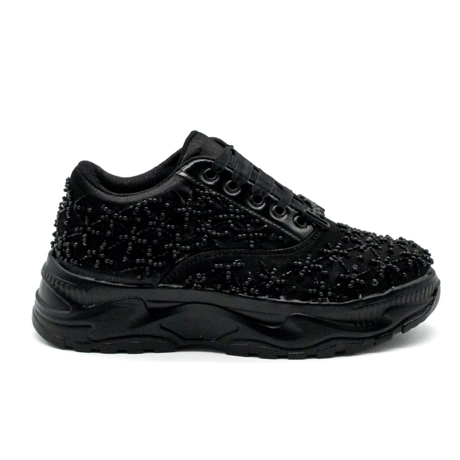 Harper Luxury Black Satin Handmade Embellished Trainers
