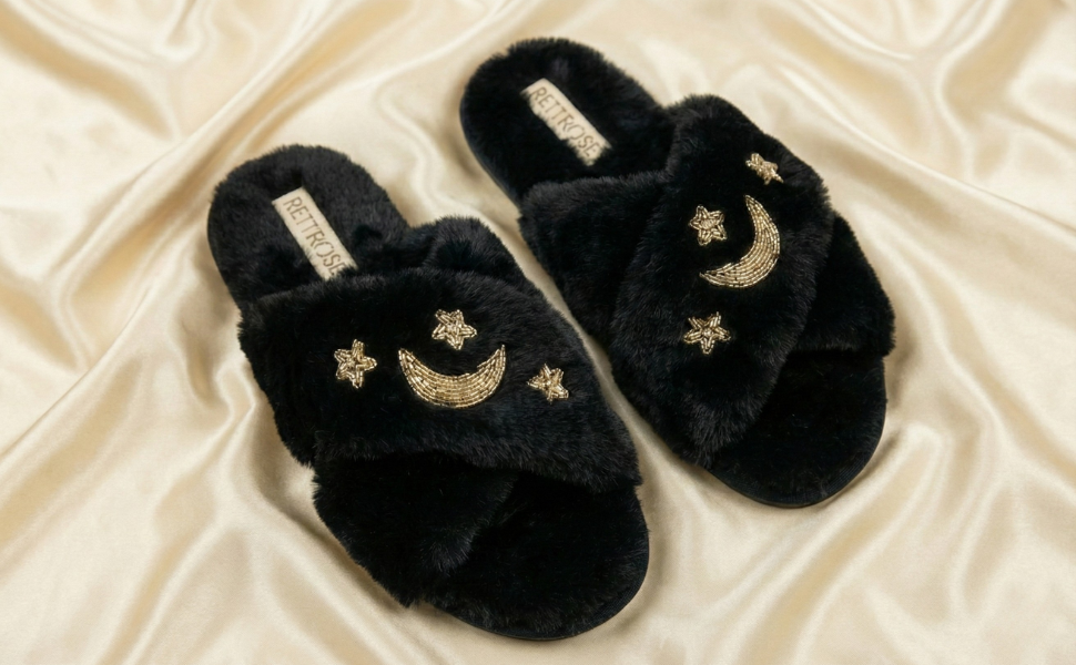 Isabel Black Luxury Plush Diamanté Embellished Handmade Slipper