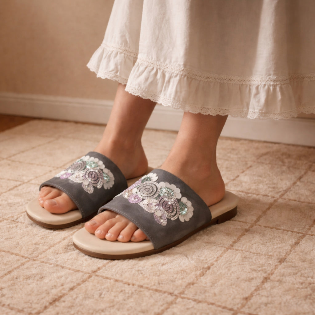 Sutton Grey Luxury Plush Diamanté Embellished Handmade Sliders