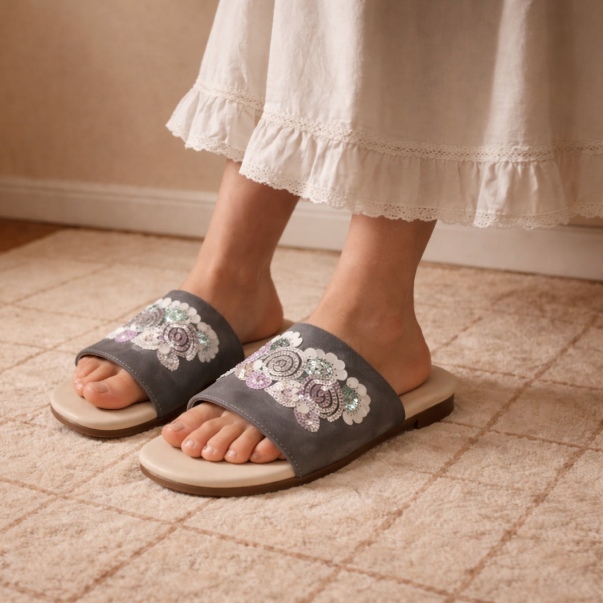 Sutton Grey Luxury Plush Diamanté Embellished Handmade Sliders