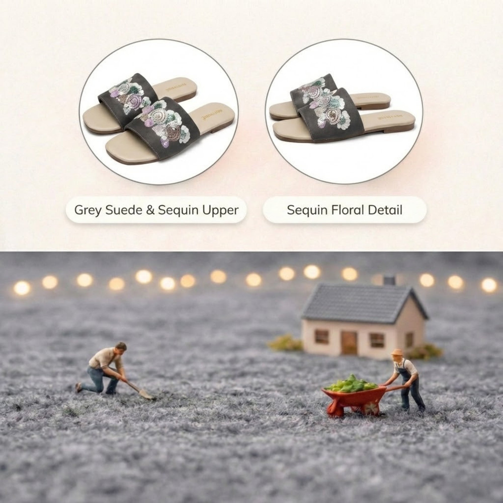 Sutton Grey Luxury Plush Diamanté Embellished Handmade Sliders