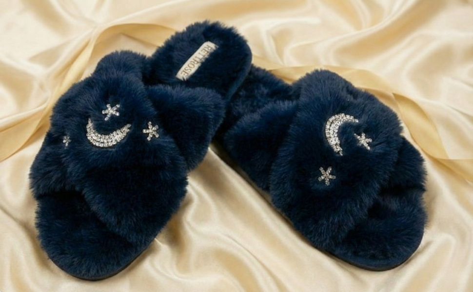 Isabel Navy Plush Handmade Slipper with Diamanté Moon & Star Embellishment