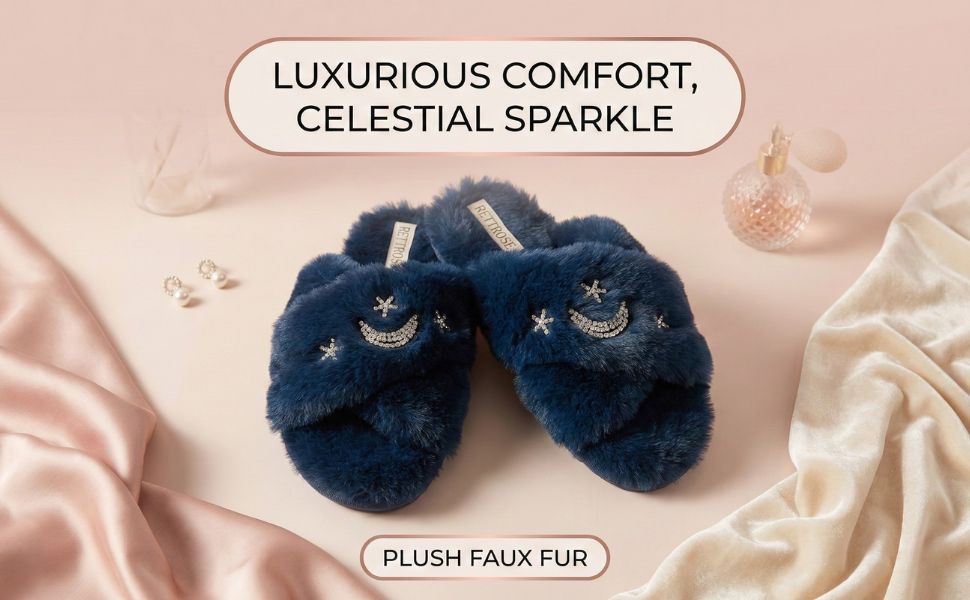 Isabel Navy Plush Handmade Slipper with Diamanté Moon & Star Embellishment