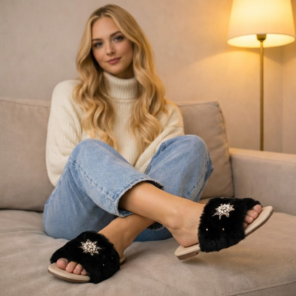 Taylor Women’s Black Luxury Slippers – Handmade Faux Fur Sliders with Diamanté Embellishment | Comfortable Plush Indoor Footwear