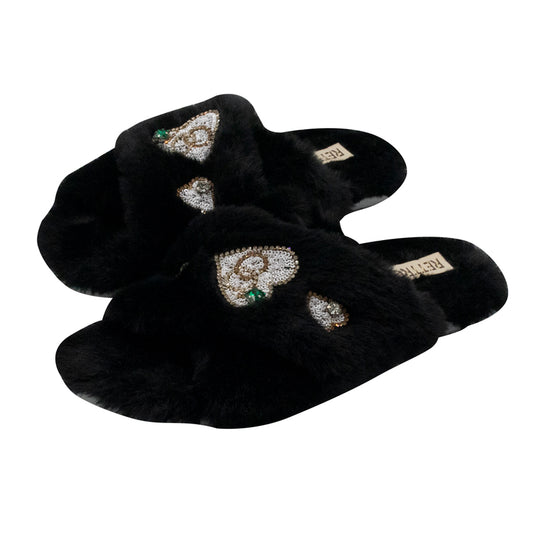 Emmy Black Luxury Plush Diamanté Embellished Handmade Slipper