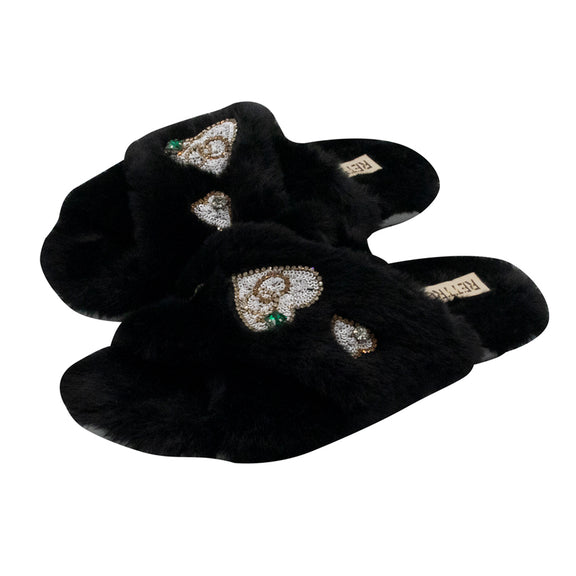 Emmy Black Luxury Plush Diamanté Embellished Handmade Slipper