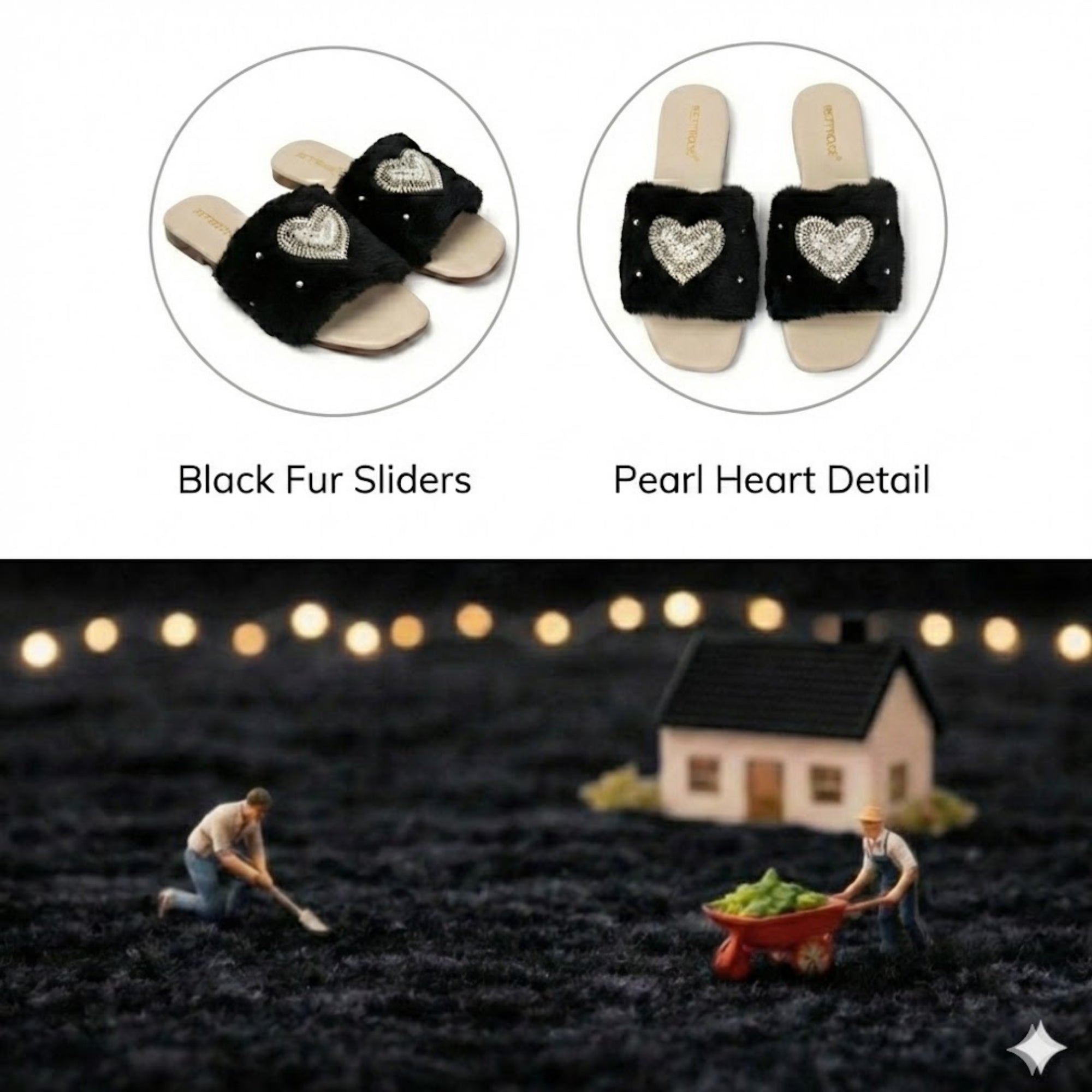 Lilah Black & Beige Luxury Faux Fur Comfortable Diamanté Embellished Women’s Handmade Sliders
