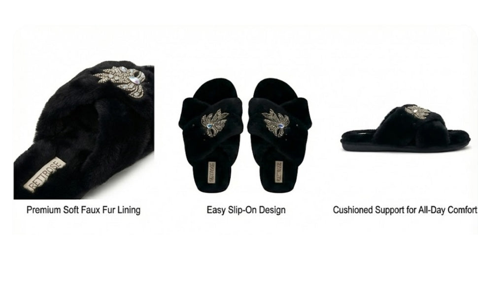 Katherine Black Luxury Plush Diamanté Embellished Handmade Slipper
