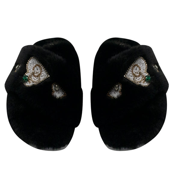 Emmy Black Luxury Plush Diamanté Embellished Handmade Slipper