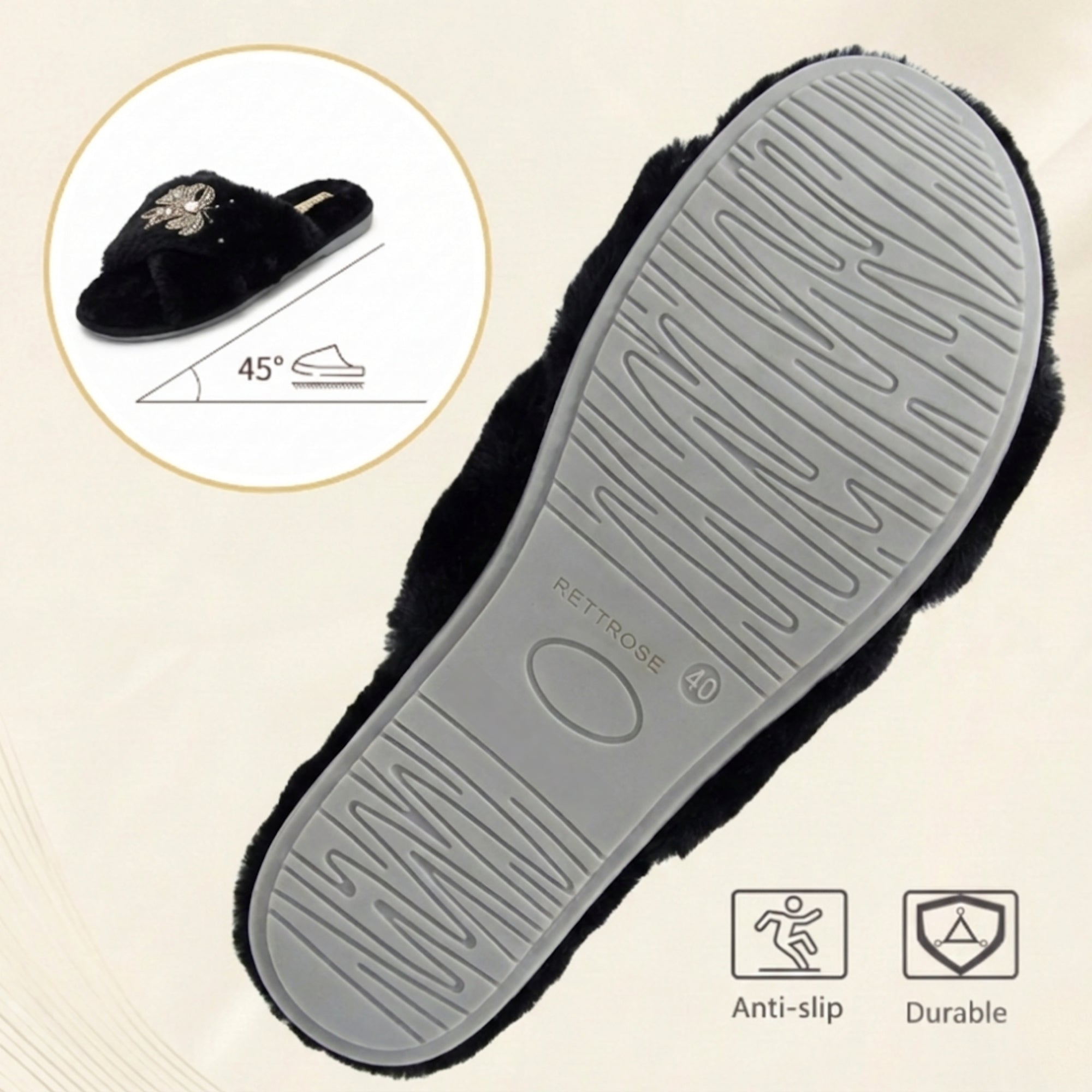 Katherine Black Luxury Plush Diamanté Embellished Handmade Slipper
