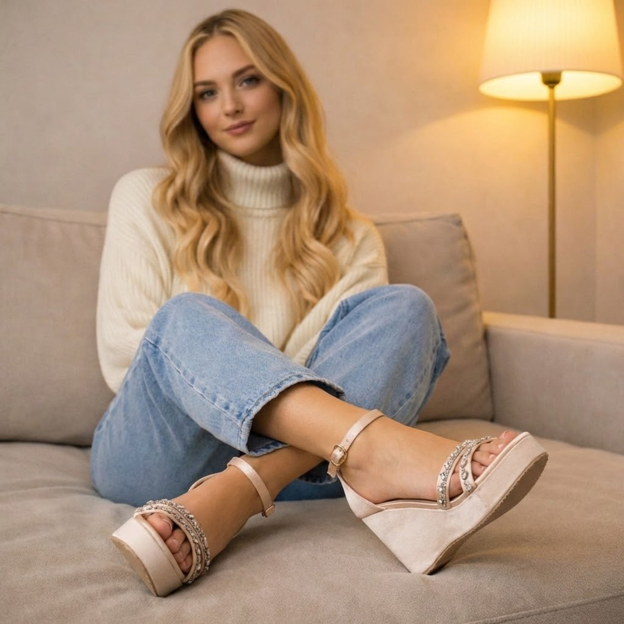 Leilani Buttermilk Hand Embellished Luxury Wedge Shoe