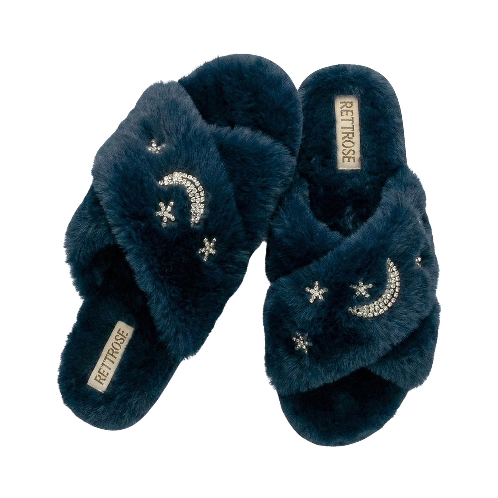 Isabel Navy Plush Handmade Slipper with Diamanté Moon & Star Embellishment