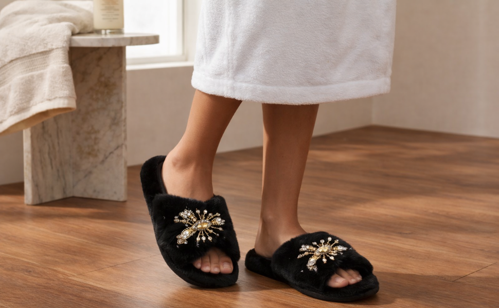 The Anastasia Black Luxury Handmade Women’s Slippers – Faux Fur, Diamanté Bow, Comfortable Rubber Sole, Excellent Grip