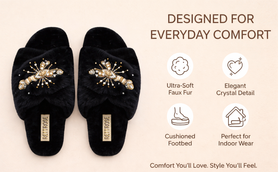 The Anastasia Black Luxury Handmade Women’s Slippers – Faux Fur, Diamanté Bow, Comfortable Rubber Sole, Excellent Grip