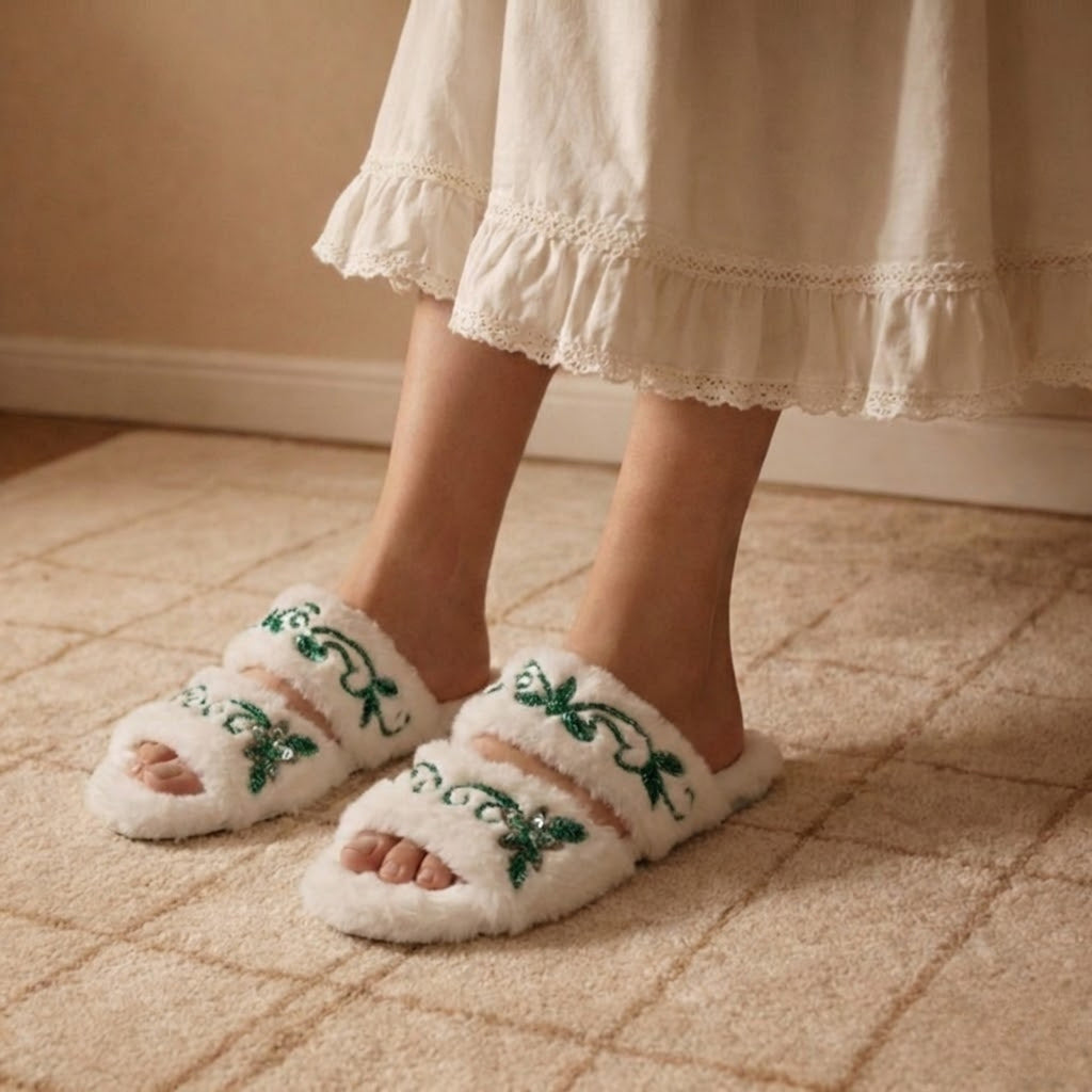Elkie Cream Luxury Plush Diamanté Embellished Handmade Slipper