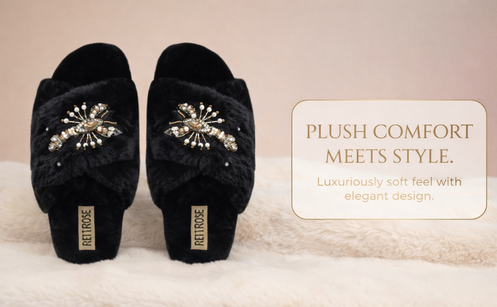 The Anastasia Black Luxury Handmade Women’s Slippers – Faux Fur, Diamanté Bow, Comfortable Rubber Sole, Excellent Grip