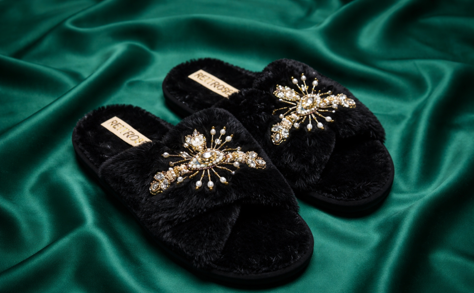 The Anastasia Black Luxury Handmade Women’s Slippers – Faux Fur, Diamanté Bow, Comfortable Rubber Sole, Excellent Grip